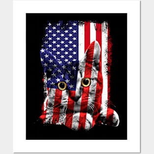 Retro Cat _ American Flag Indepedence Day July 4th Posters and Art